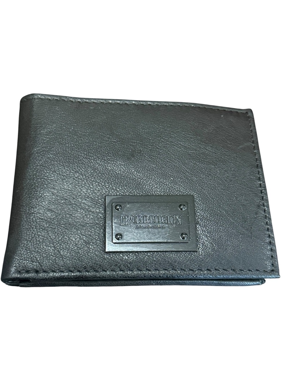 True Religion Black Leather Bifold Wallet with Metal Logo Plate